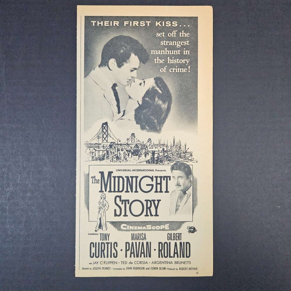 1957 Universal Pictures Midnight Story Vintage Movie Ad Tony Curtis Marisa Pavan